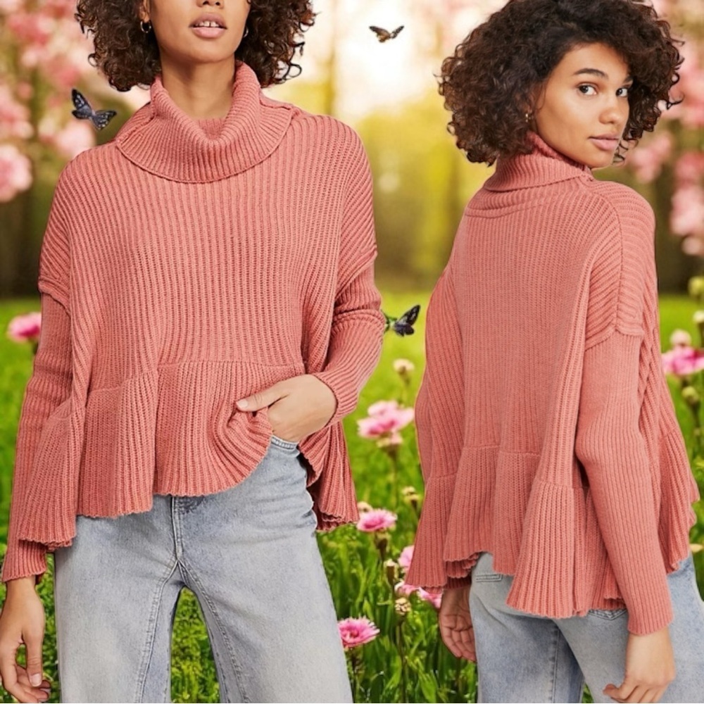Free People Layer Cake‎ Cozy Pink Turtleneck Sweater Ruffle Cottagecore Size S